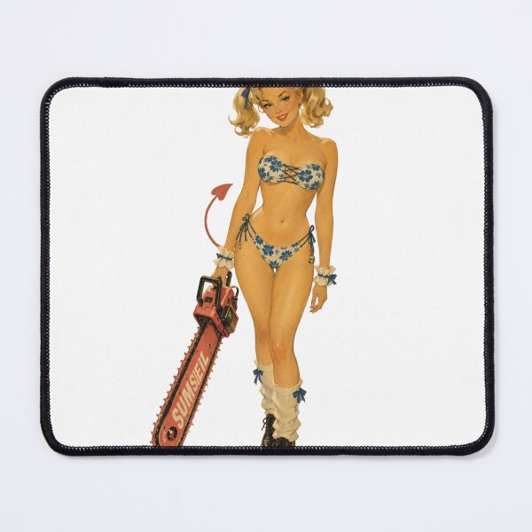 Item preview, Devil Girl Chainsaw Pin-Up | Original Retro Horror Fantasy Illustration designed and sold by Cosplayvintage.