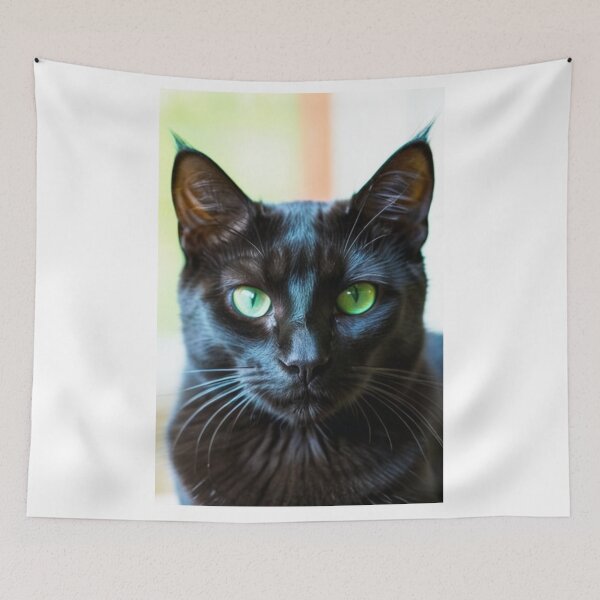 Item preview, Animals - Black Cat with Hypnotic Gaze, Feline Portrait with Piercing Green Eyes designed and sold by World-Pets.