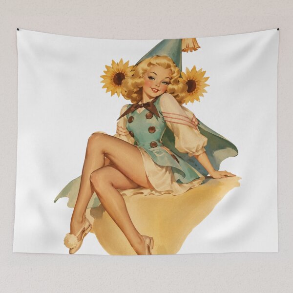 Item preview, Vintage Sunshine Pin-Up Girl | Original Retro Sunflower Illustration designed and sold by Cosplayvintage.