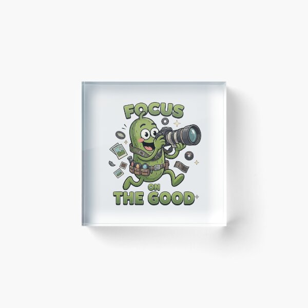 Item preview, Focus On The Good Cute Pickle Photographer Camera Mental Health Positive Mindset Quote designed and sold by Basma Designs | Retro, Kawaii Shirts & Stickers.