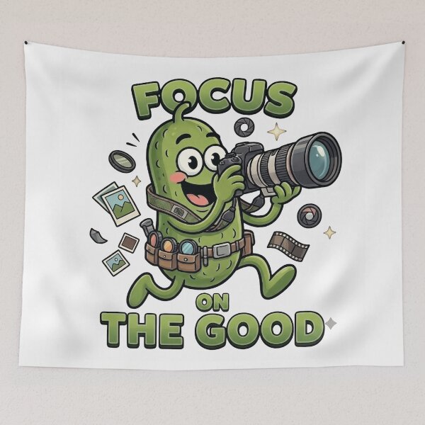 Item preview, Focus On The Good Cute Pickle Photographer Camera Mental Health Positive Mindset Quote designed and sold by Basma Designs | Funny Shirts, Stickers & Mugs.