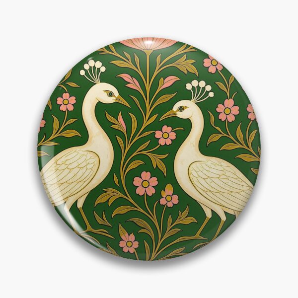 Item preview, William Morris Inspired White Peacocks Art Print | Arts & Crafts Floral Botanical Wall Art | Vintage Green & Pink Decorative Illustration designed and sold by CottageArtistry.