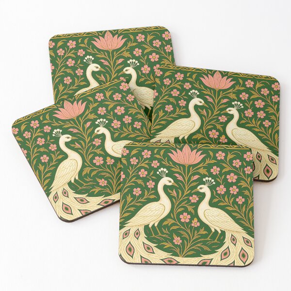Item preview, William Morris Inspired White Peacocks Art Print | Arts & Crafts Floral Botanical Wall Art | Vintage Green & Pink Decorative Illustration designed and sold by CottageArtistry.