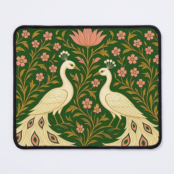 Item preview, William Morris Inspired White Peacocks Art Print | Arts & Crafts Floral Botanical Wall Art | Vintage Green & Pink Decorative Illustration designed and sold by CottageArtistry.