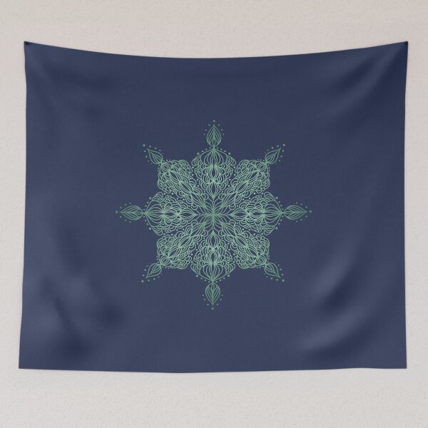Item preview, Green linear mandala on dark blue background designed and sold by kallyfactory.