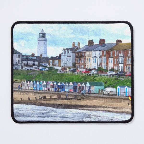 Item preview, Southwold seafront beachhuts and lighthouse oil painting designed and sold by stevepaint.