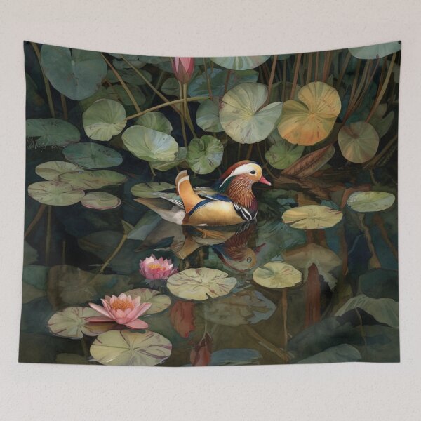 Item preview, A Mandarin Duck gliding across a lily pond, Birds in Motion designed and sold by CDC40.