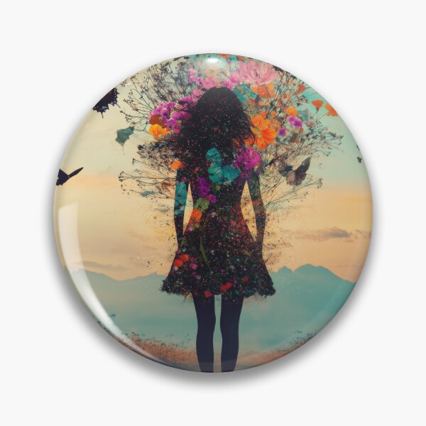 Item preview, Silhouette portrait of a beautiful girl created from flowers, butterflies and birds during sunset designed and sold by Soft Oddity.