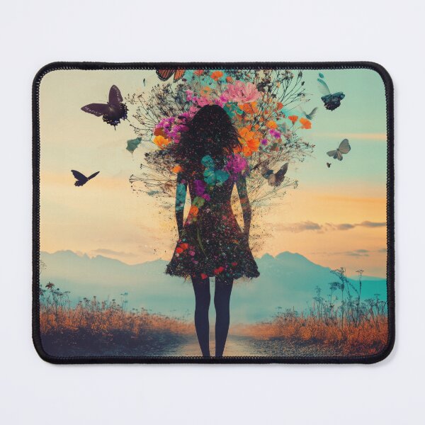 Item preview, Silhouette portrait of a beautiful girl created from flowers, butterflies and birds during sunset designed and sold by Soft Oddity.