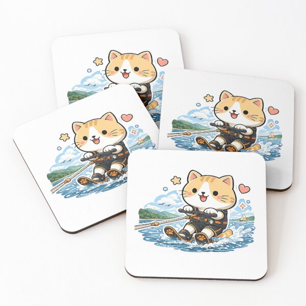 Item preview, Cute Water Skiing Cat Kawaii Ginger Kitty Summer Sports Illustration designed and sold by NoopnyangStudio.