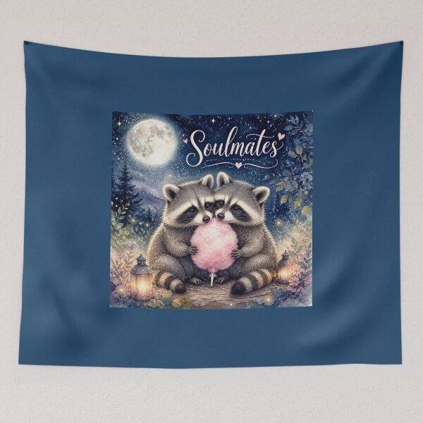 Item preview, Watercolor painting of a pair of raccoons, "Soulmates," with a moon and cotton candy designed and sold by Natalia-Vlad.
