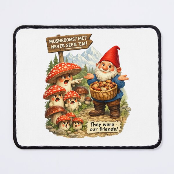 Item preview, Funny Mushroom Gnome – "Mushrooms? Me? Never Seen 'Em!" | Woodland Fantasy Humor designed and sold by Alpine-Ink.