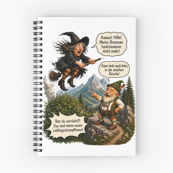 Item preview, Funny Bavarian Gnome & Panicked Witch – Brake Failure! | German Fantasy Humor designed and sold by Alpine-Ink.