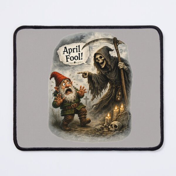 Item preview, April Fool! Funny Grim Reaper and Scared Garden Gnome Fantasy T-Shirt Design designed and sold by Alpine-Ink.
