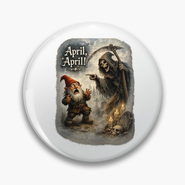 Item preview, April, April! Terrified Gnome Meets the Grim Reaper – Funny German April Fool Fantasy designed and sold by Alpine-Ink.