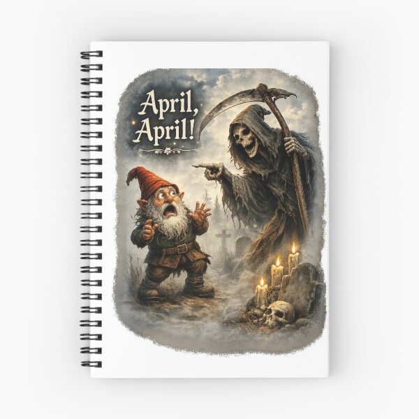 Item preview, April, April! Terrified Gnome Meets the Grim Reaper – Funny German April Fool Fantasy designed and sold by Alpine-Ink.