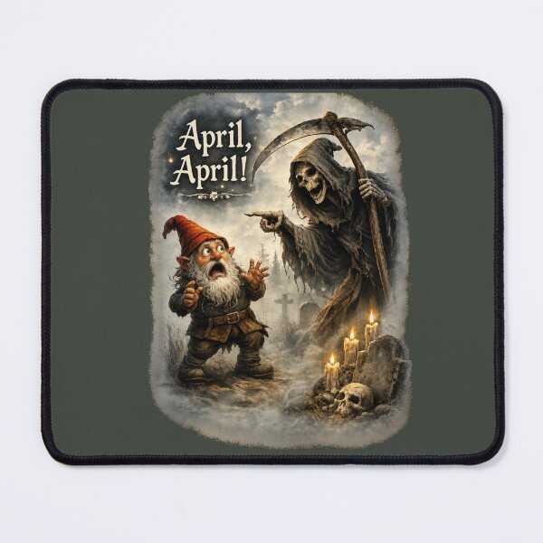 Item preview, April, April! Terrified Gnome Meets the Grim Reaper – Funny German April Fool Fantasy designed and sold by Alpine-Ink.