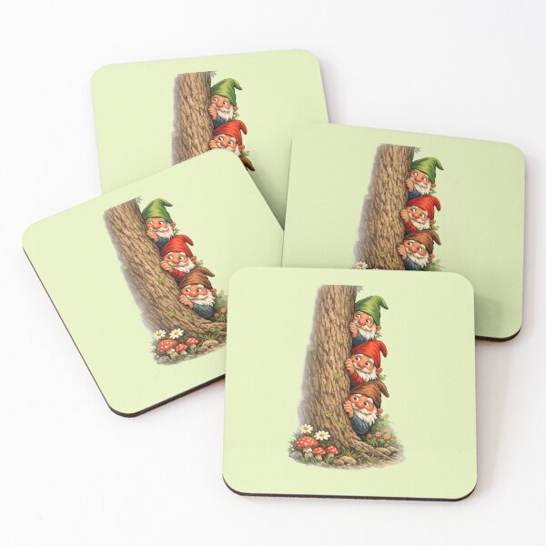 Item preview, Three Curious Garden Gnomes Peeking Behind a Tree | Funny Fantasy Woodland Art designed and sold by Alpine-Ink.
