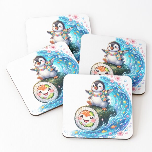 Item preview, Baby penguin surfing sushi roll designed and sold by kidoramagic.