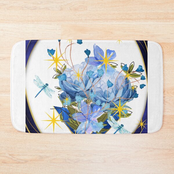 Artikelvorschau, Mitternachtsgarten, blaue Blumen mit Libellen, Goldstern-Design entworfen und verkauft von Extremeallie.