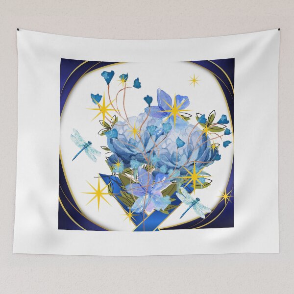 Artikelvorschau, Mitternachtsgarten, blaue Blumen mit Libellen, Goldstern-Design entworfen und verkauft von Extremeallie.
