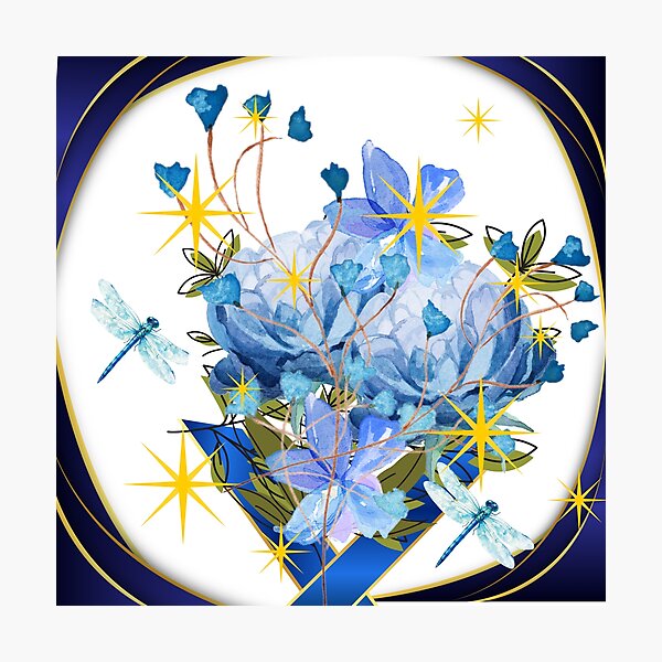 Item preview, 	Midnight Garden Blue Florals with Dragonflies Gold Star Design designed and sold by Extremeallie.