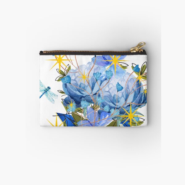 Artikelvorschau, Mitternachtsgarten, blaue Blumen mit Libellen, Goldstern-Design entworfen und verkauft von Extremeallie.