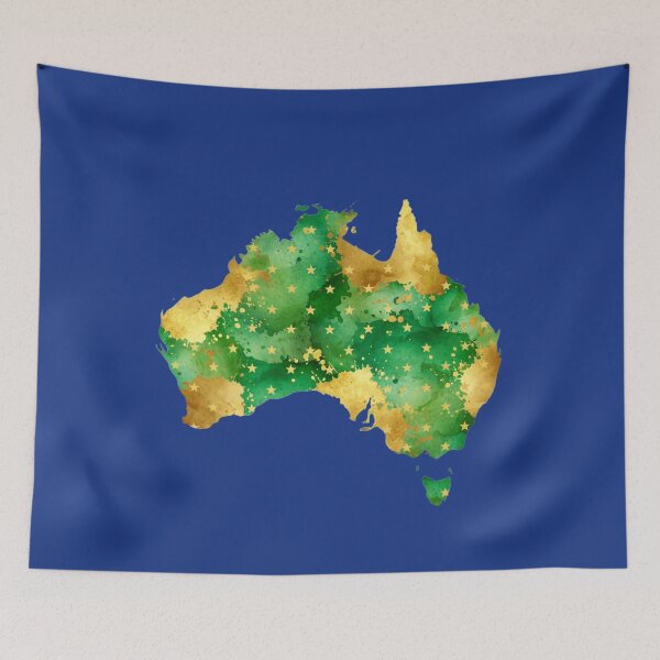 Item preview, Watercolor map of Australia with green and gold stars designed and sold by Rue Market.