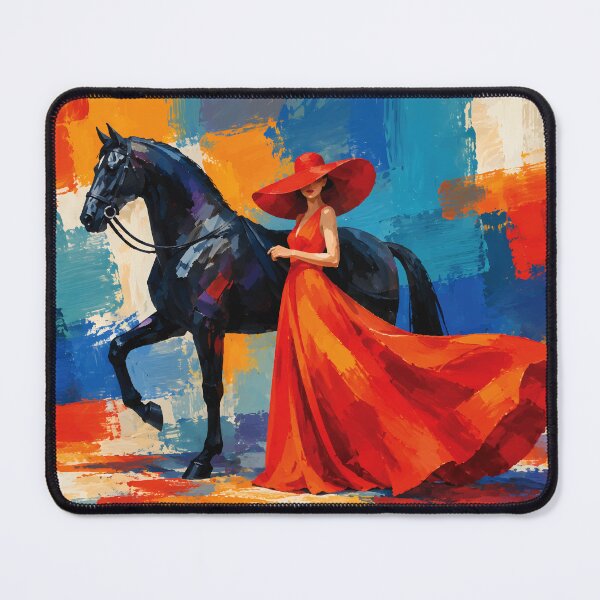Item preview, Elegant Woman in Red with Black Horse – Bold Abstract Fashion Art designed and sold by RamyGallery.