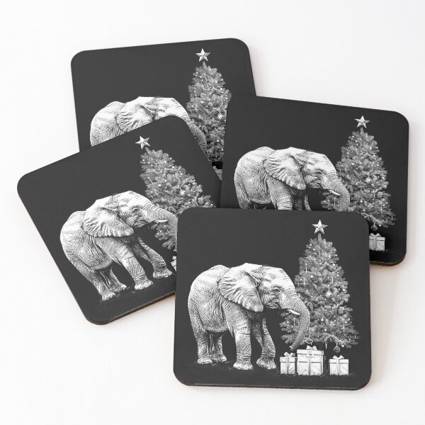 Item preview, Christmas Elephant by the Tree – Black and White Holiday Animal Art designed and sold by inkoutninja.