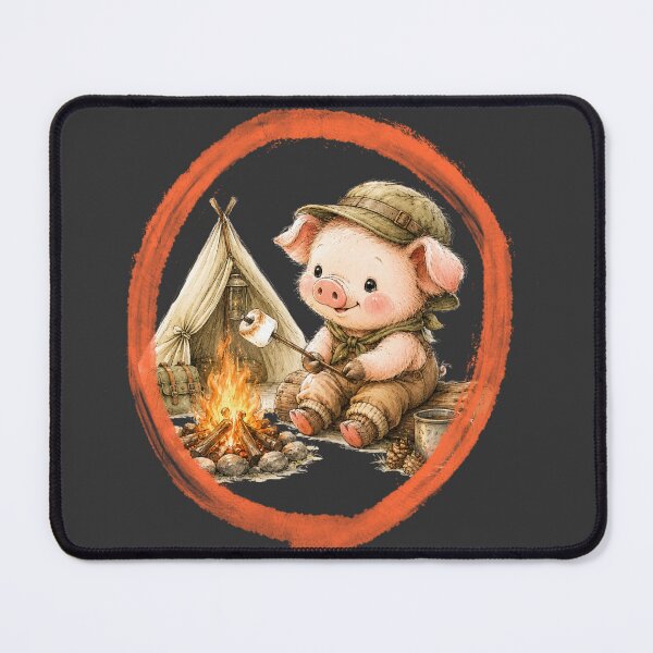 Item preview, Cute Watercolor Pig Roasting Marshmallow Campfire Badge Art designed and sold by BreezifyDesignStudio.
