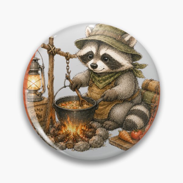 Item preview, Cute Watercolor Raccoon Cooking Campfire Soup Outdoor Badge designed and sold by BreezifyDesignStudio.