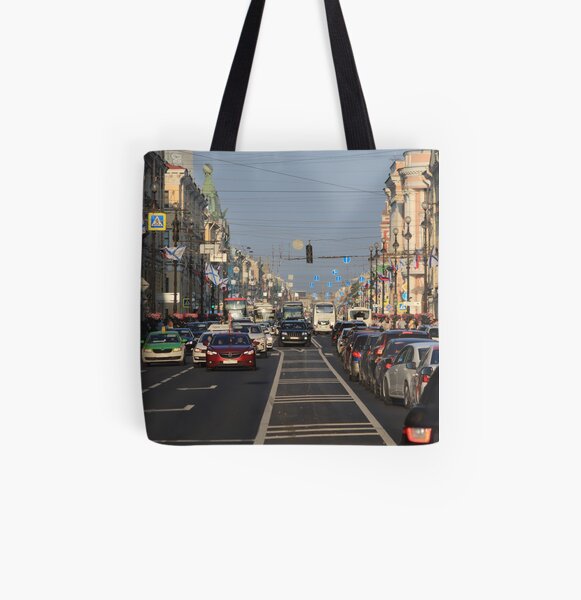 Cars traffic on Nevsky Prospect All Over Print Tote Bag