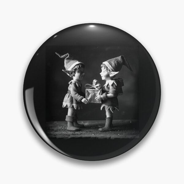 Item preview, Two Christmas Elves Sharing a Gift – Black and White Holiday Art designed and sold by inkoutninja.