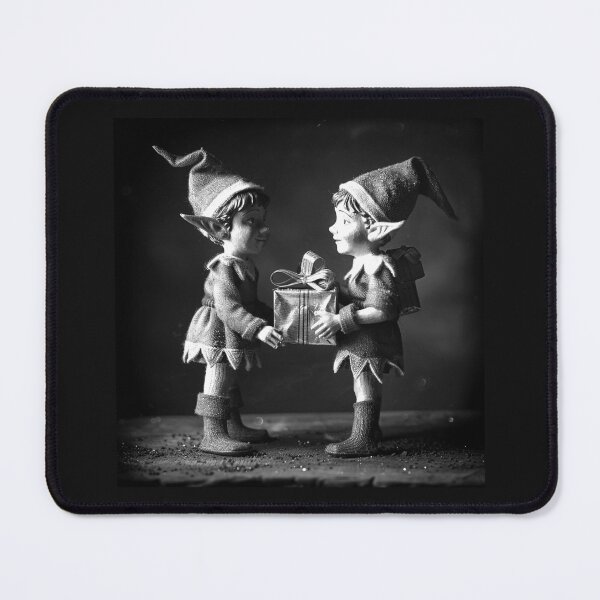 Item preview, Two Christmas Elves Sharing a Gift – Black and White Holiday Art designed and sold by inkoutninja.
