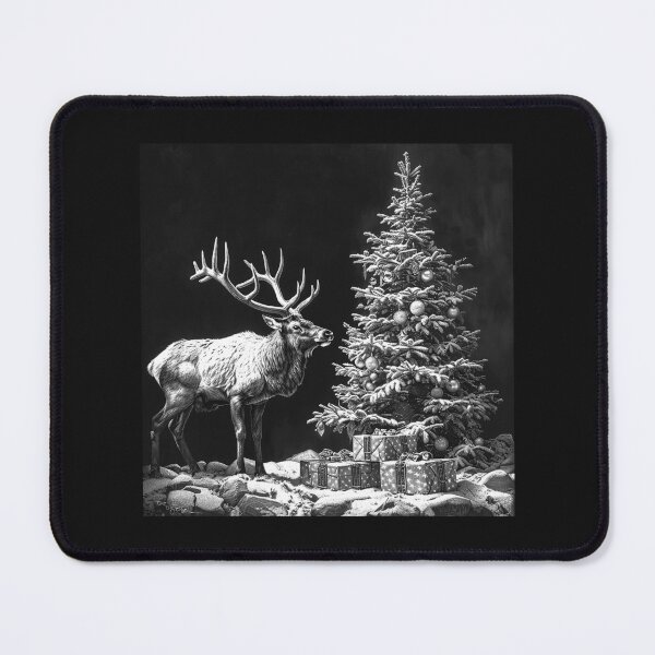 Item preview, Christmas Reindeer Beside a Tree – Black and White Winter Holiday Art designed and sold by inkoutninja.