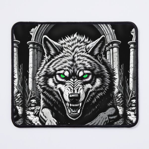 Item preview, Glowing Green Eye Wolf – Monochrome Gothic Skull Archway Art designed and sold by Neer arts.