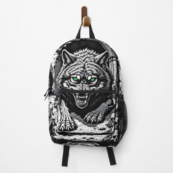 Item preview, Glowing Green Eye Wolf – Monochrome Gothic Skull Archway Art designed and sold by Neer arts.