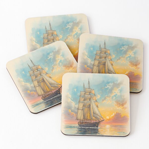 Item preview, Vintage Sailing Ship Sunset | Coastal Nautical Ocean Artwork designed and sold by CheersTOGETHER.