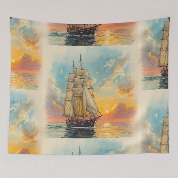 Item preview, Vintage Sailing Ship Sunset | Coastal Nautical Ocean Artwork designed and sold by CheersTOGETHER.
