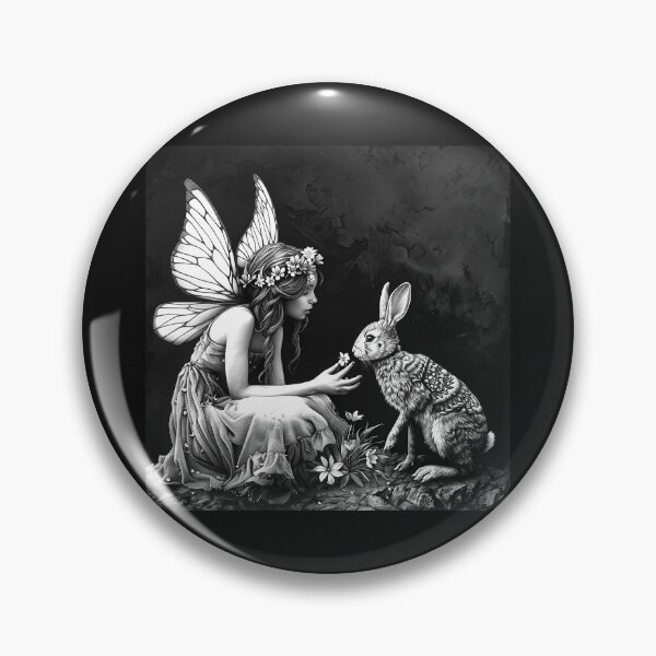 Item preview, Fairy and Rabbit in an Enchanted Forest – Black and White Fantasy Art designed and sold by inkoutninja.