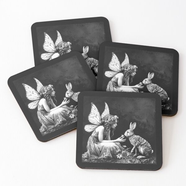 Item preview, Fairy and Rabbit in an Enchanted Forest – Black and White Fantasy Art designed and sold by inkoutninja.