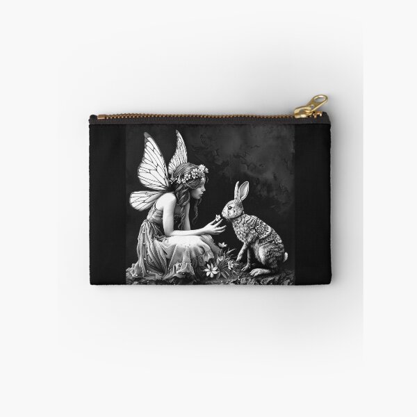 Item preview, Fairy and Rabbit in an Enchanted Forest – Black and White Fantasy Art designed and sold by inkoutninja.