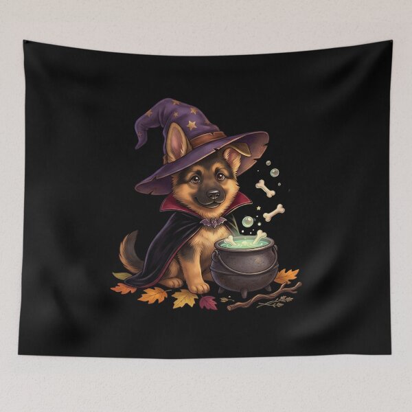 Item preview, Cute German Shepherd Puppy Witch with Magic Cauldron designed and sold by SilentFlower.