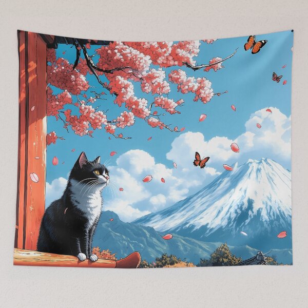 Item preview, Cat Japanese Landscape Cherry Blossom Fuji Village Butterfly designed and sold by juniorcastros.