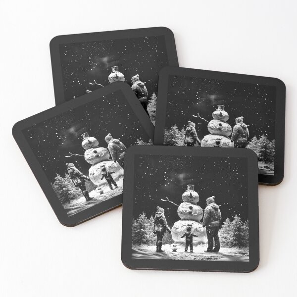 Item preview, Family Building a Snowman – Black and White Winter Christmas Art designed and sold by inkoutninja.