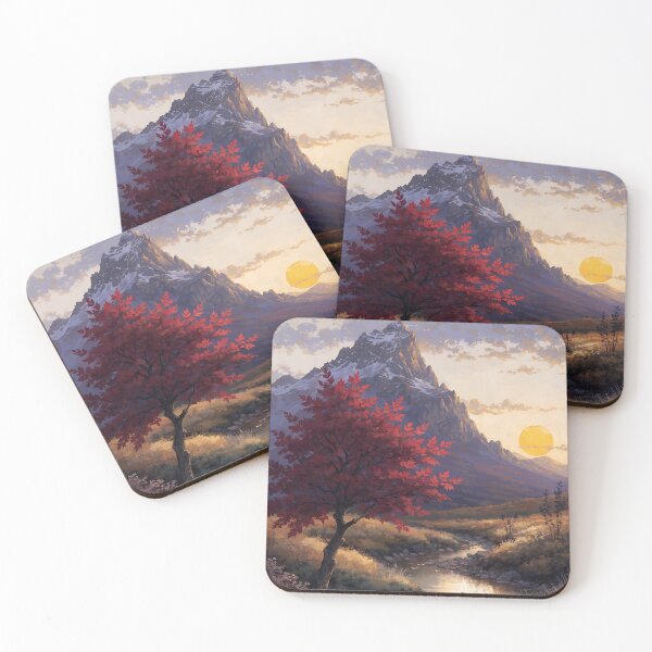 Item preview, Warm Mountain Landscape Digital Painting with Red Maple Tree and Golden Sunset designed and sold by niteshRart.