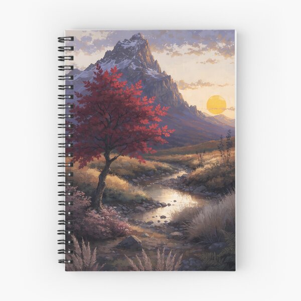 Item preview, Warm Mountain Landscape Digital Painting with Red Maple Tree and Golden Sunset designed and sold by niteshRart.