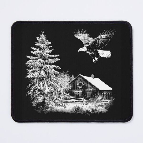 Item preview, Bald Eagle Over a Snowy Cabin – Black and White Winter Wilderness Art designed and sold by inkoutninja.