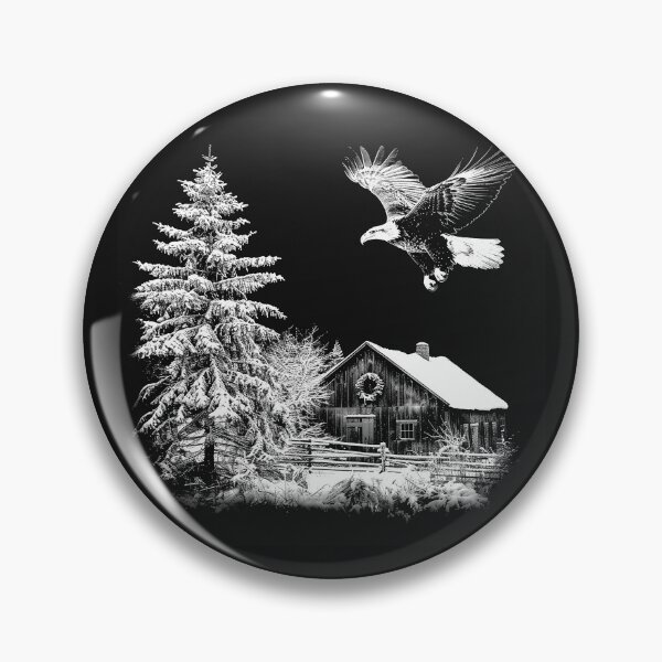 Item preview, Bald Eagle Over a Snowy Cabin – Black and White Winter Wilderness Art designed and sold by inkoutninja.
